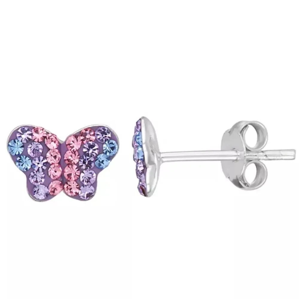 Charming Girl Sterling Silver Crystal Butterfly Stud Earrings 925